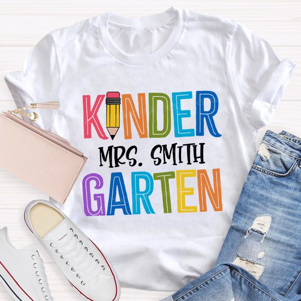 Personalized Grade And Name Colorful Letters Pencil Teacher T-Shirt