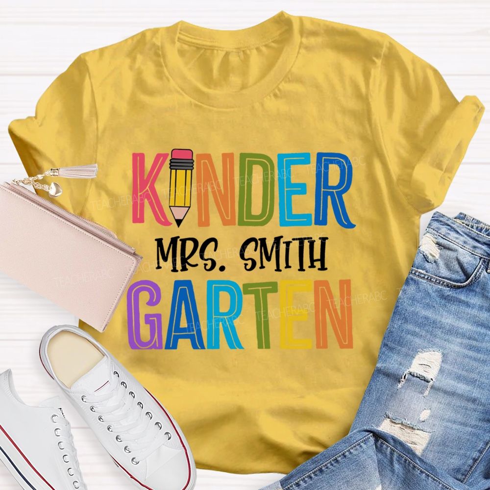 Personalized Grade And Name Colorful Letters Pencil Teacher T-Shirt