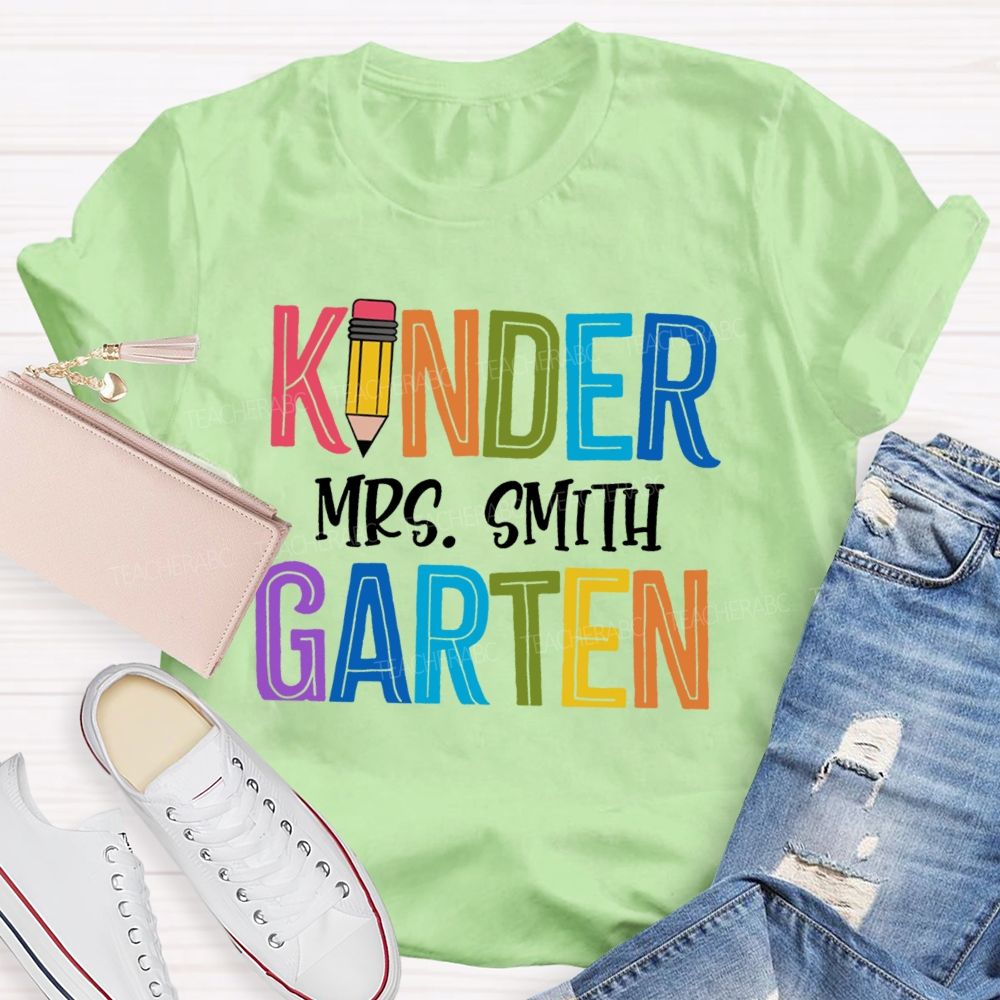 Personalized Grade And Name Colorful Letters Pencil Teacher T-Shirt