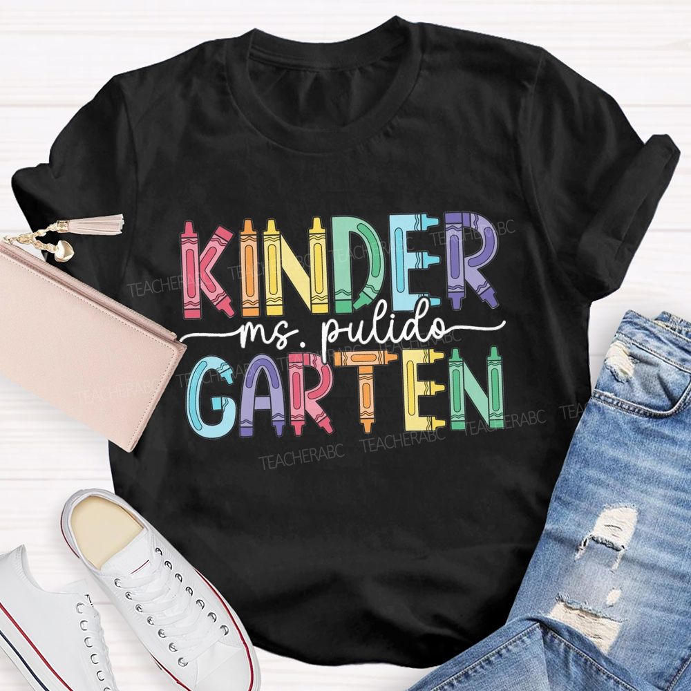 Personalized Grade And Name Colorful Crayons Back To School Teacher T-Shirt