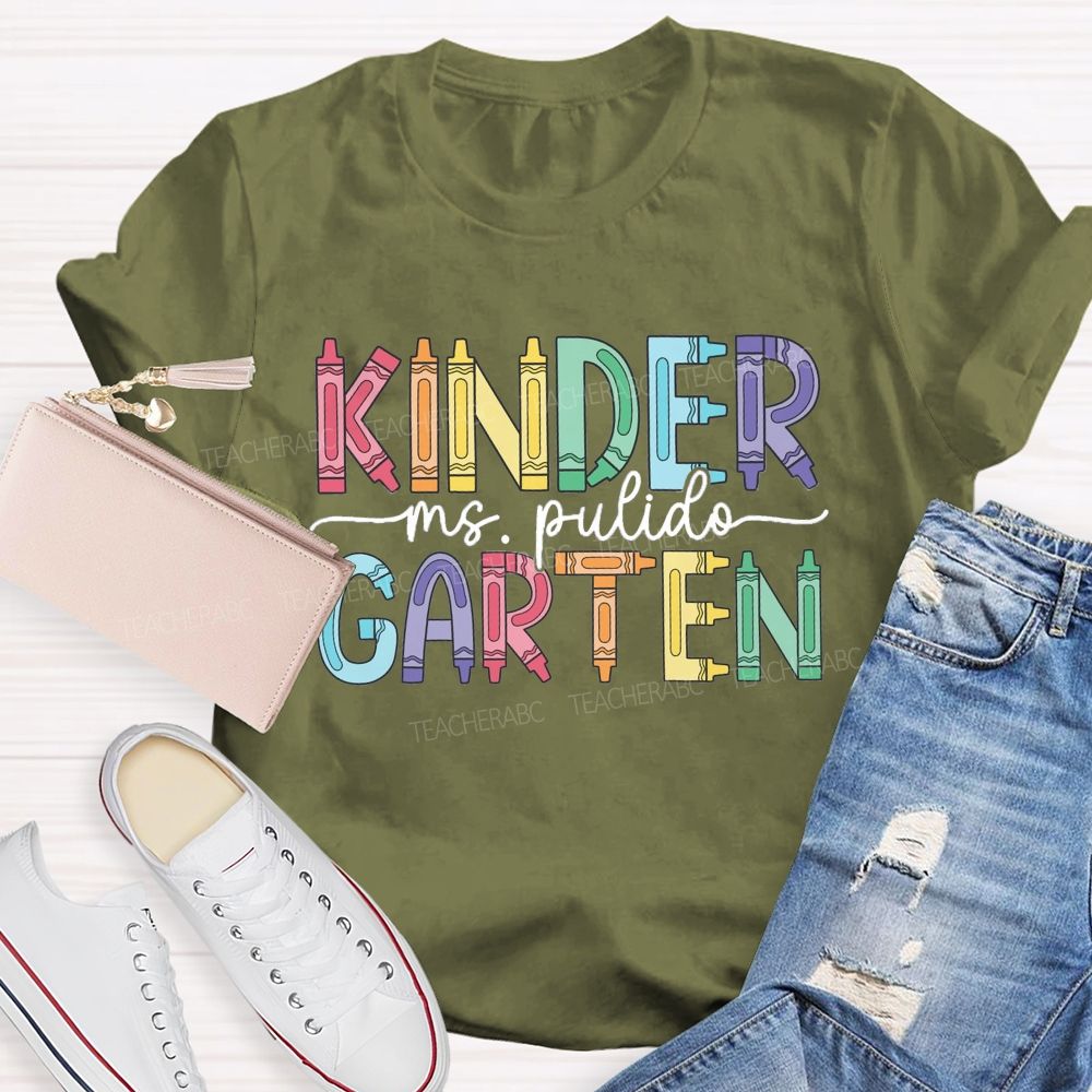 Personalized Grade And Name Colorful Crayons Back To School Teacher T-Shirt
