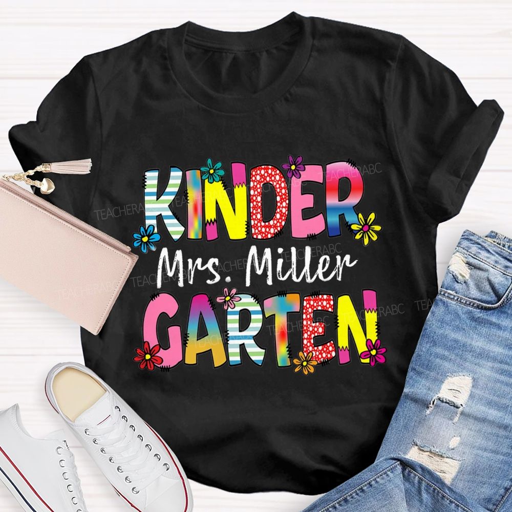Personalized Grade And Name Strip Floral Gradient Letters Teacher T-Shirt