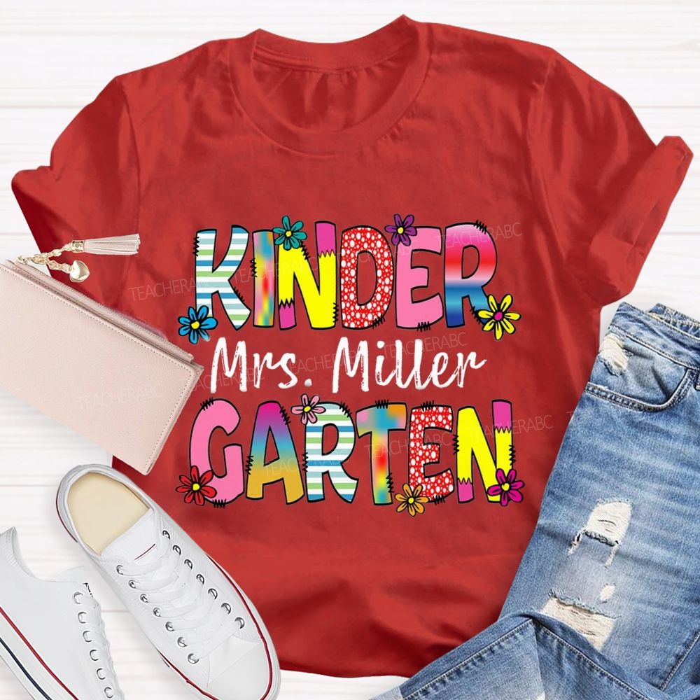 Personalized Grade And Name Strip Floral Gradient Letters Teacher T-Shirt
