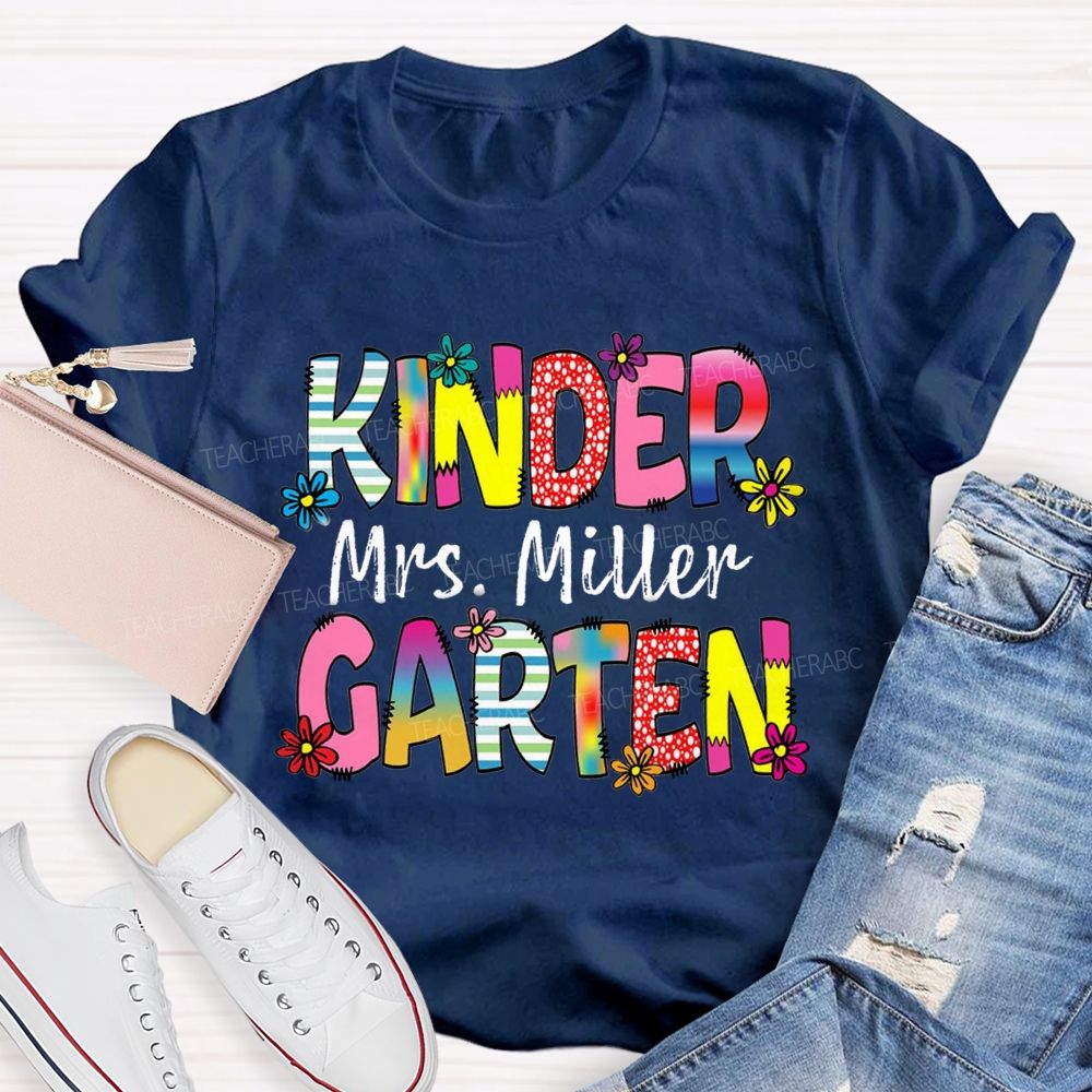 Personalized Grade And Name Strip Floral Gradient Letters Teacher T-Shirt