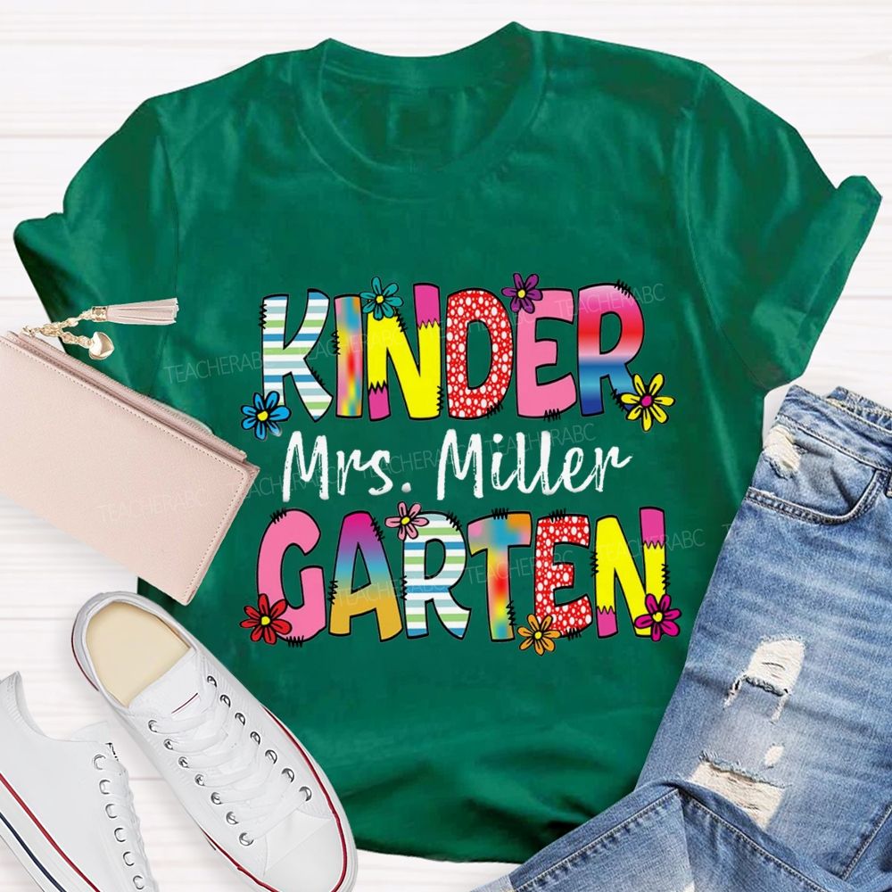 Personalized Grade And Name Strip Floral Gradient Letters Teacher T-Shirt