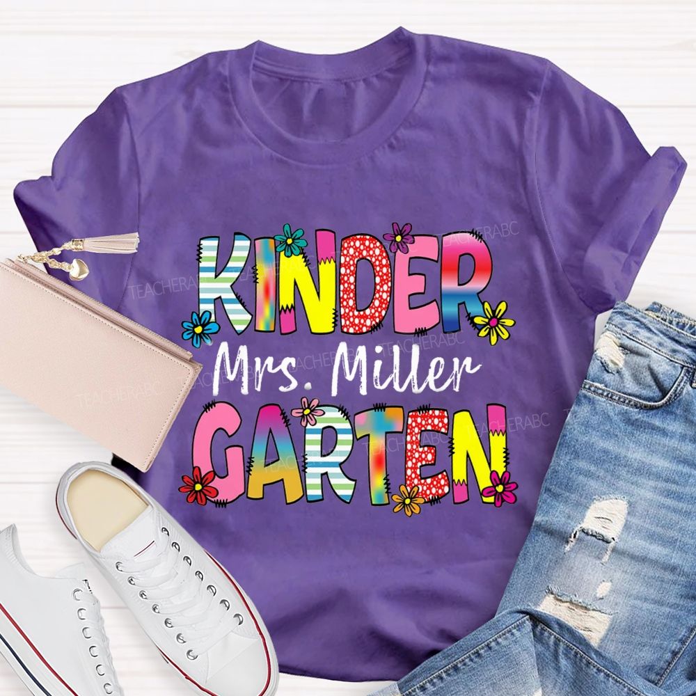 Personalized Grade And Name Strip Floral Gradient Letters Teacher T-Shirt