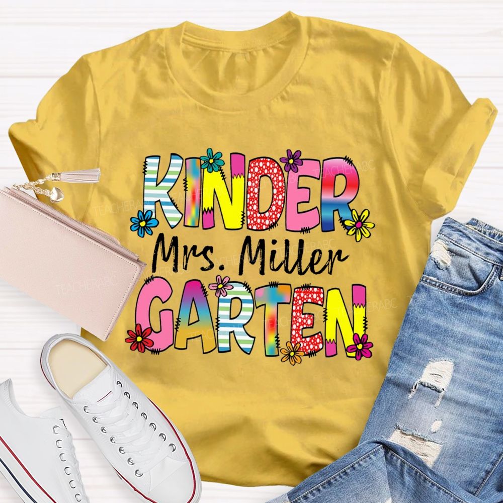 Personalized Grade And Name Strip Floral Gradient Letters Teacher T-Shirt