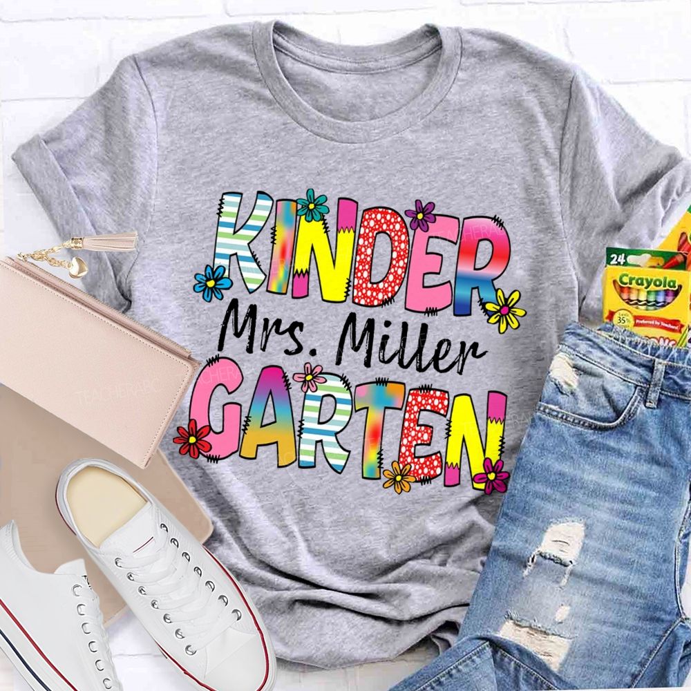 Personalized Grade And Name Strip Floral Gradient Letters Teacher T-Shirt