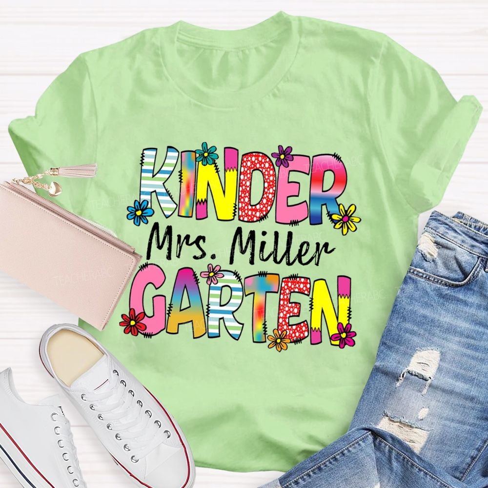 Personalized Grade And Name Strip Floral Gradient Letters Teacher T-Shirt