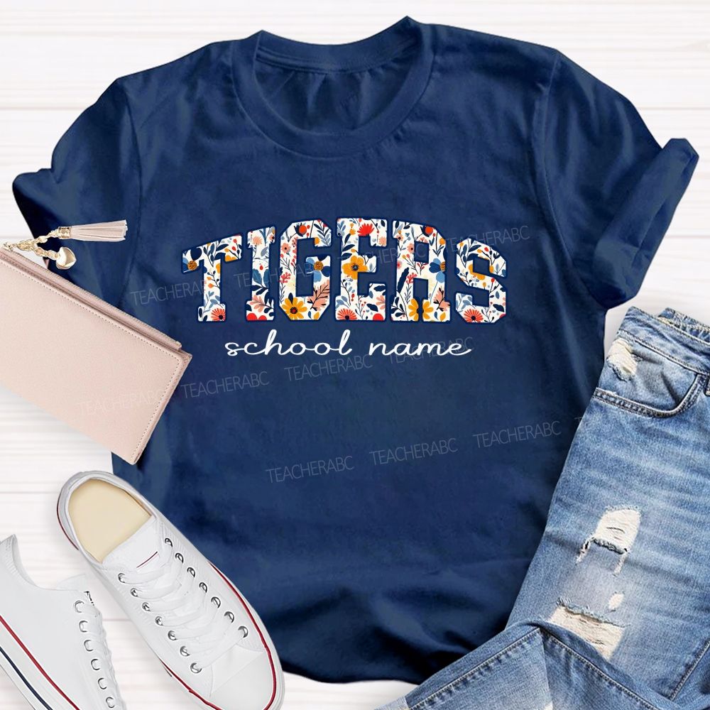 Personalized Mascot And School Name Floral Tiger Teacher T-Shirt