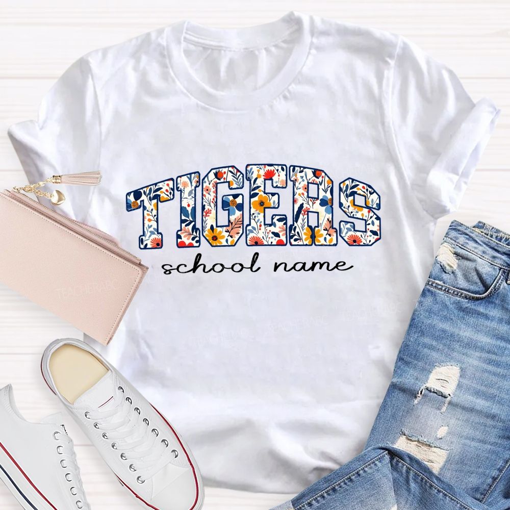 Personalized Mascot And School Name Floral Tiger Teacher T-Shirt