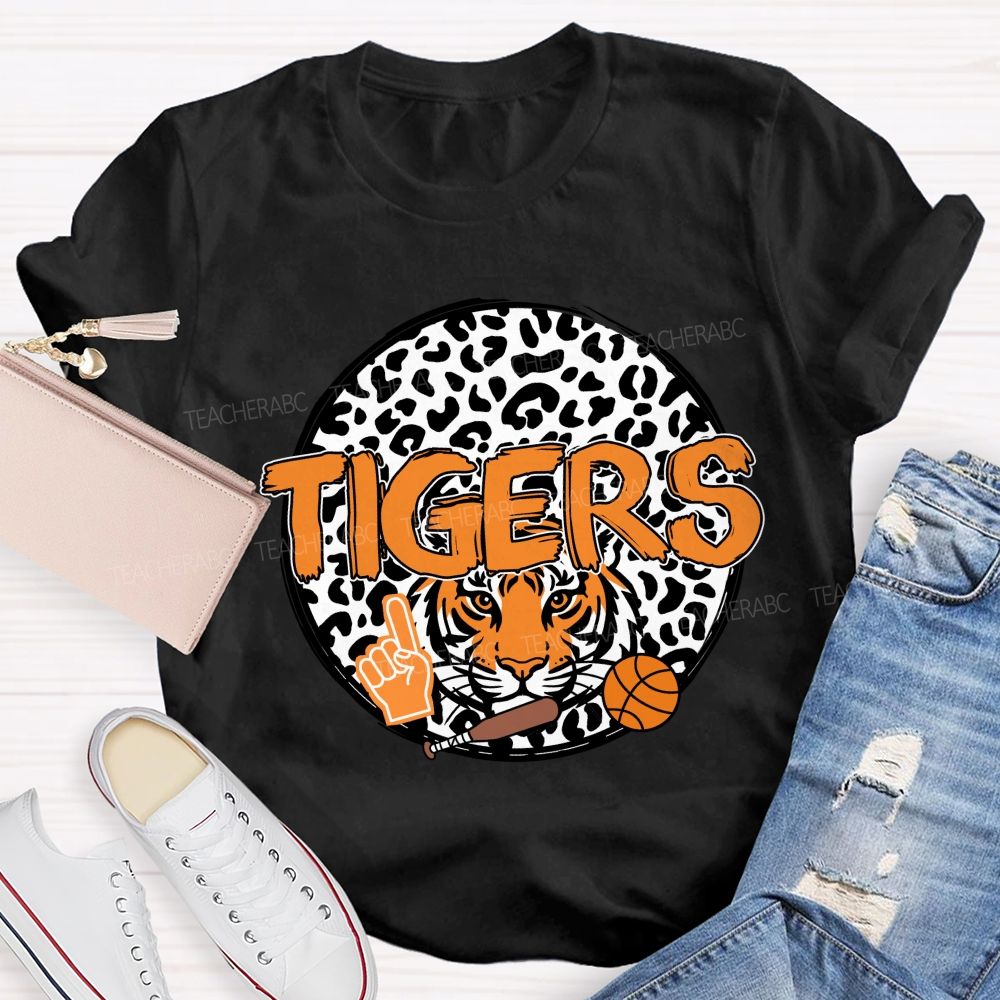 Personalized Mascot Round Leopard Print Teacher T-Shirt