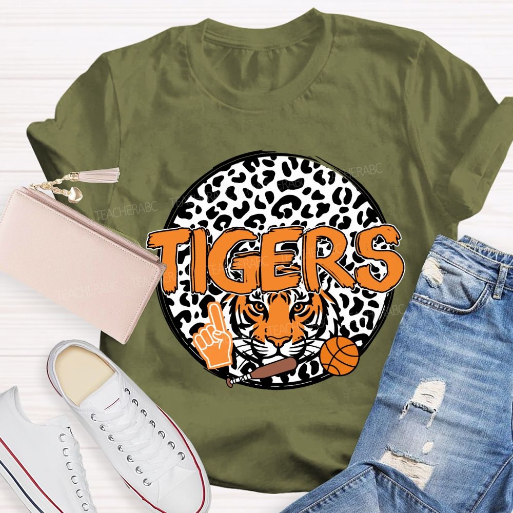 Personalized Mascot Round Leopard Print Teacher T-Shirt