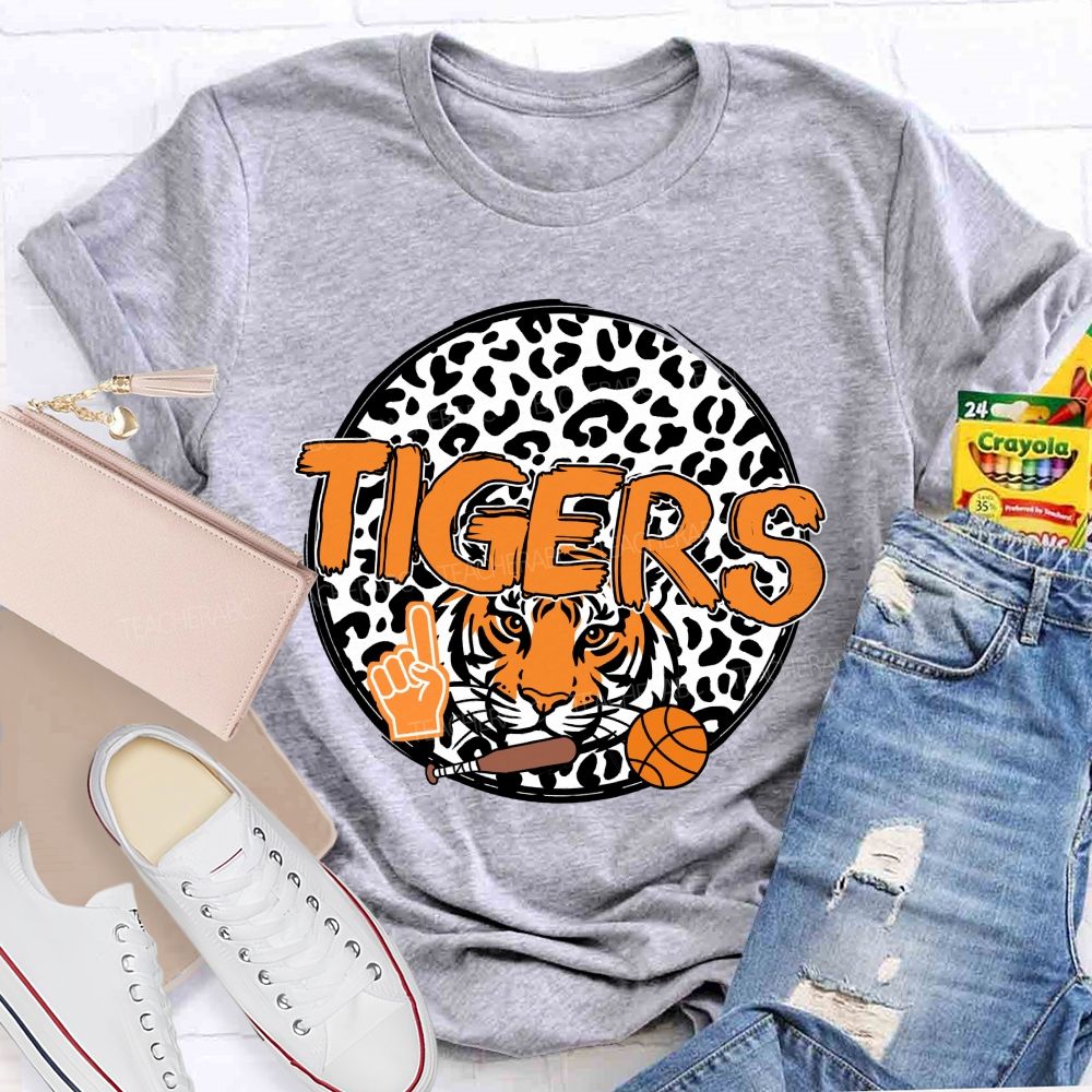 Personalized Mascot Round Leopard Print Teacher T-Shirt