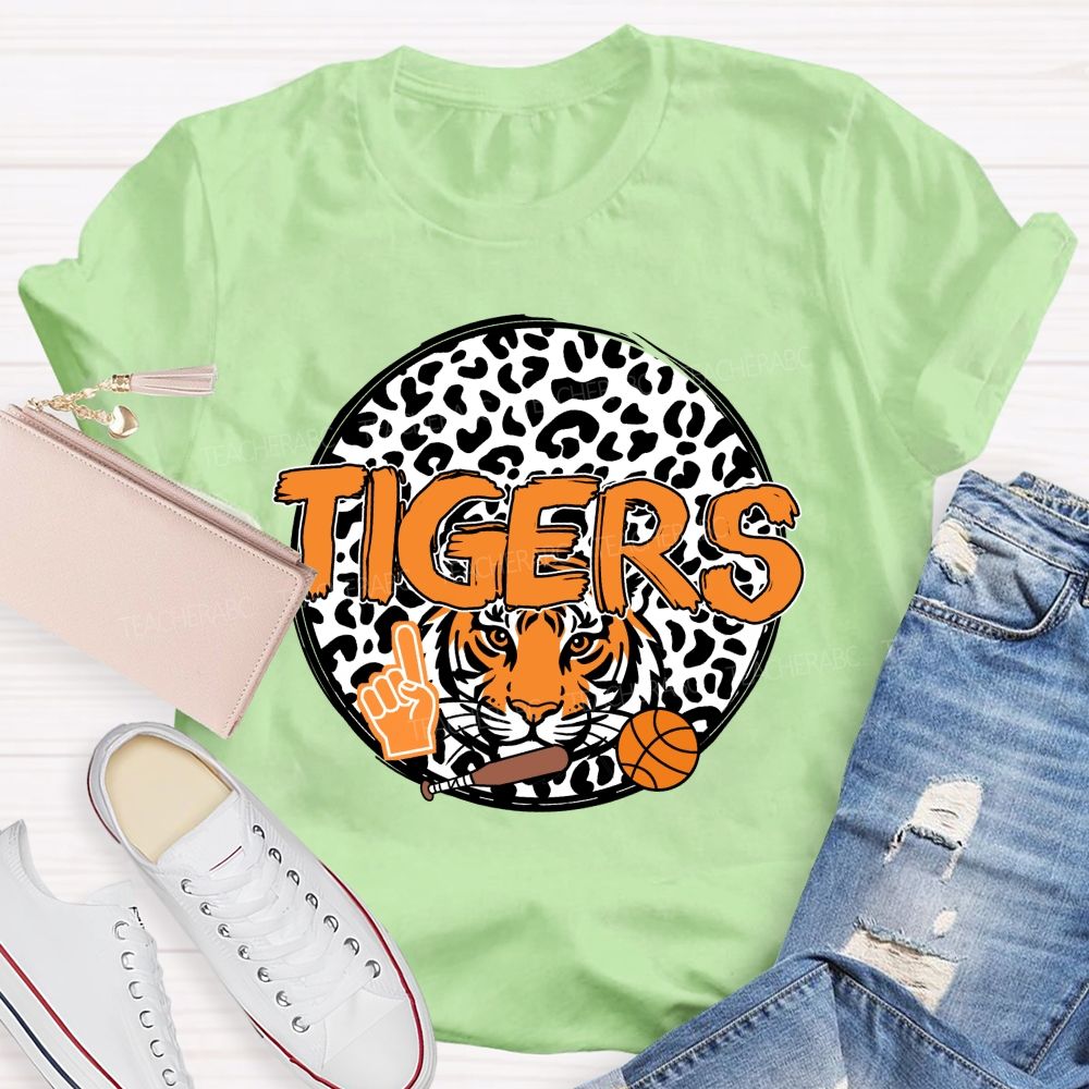 Personalized Mascot Round Leopard Print Teacher T-Shirt