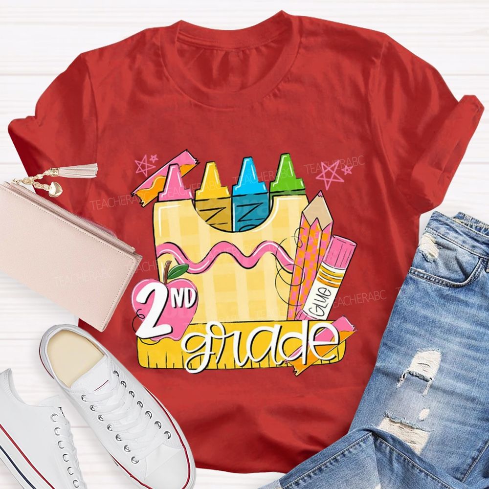 Personalized Grade Pink Crayon Star Print Teacher T-Shirt