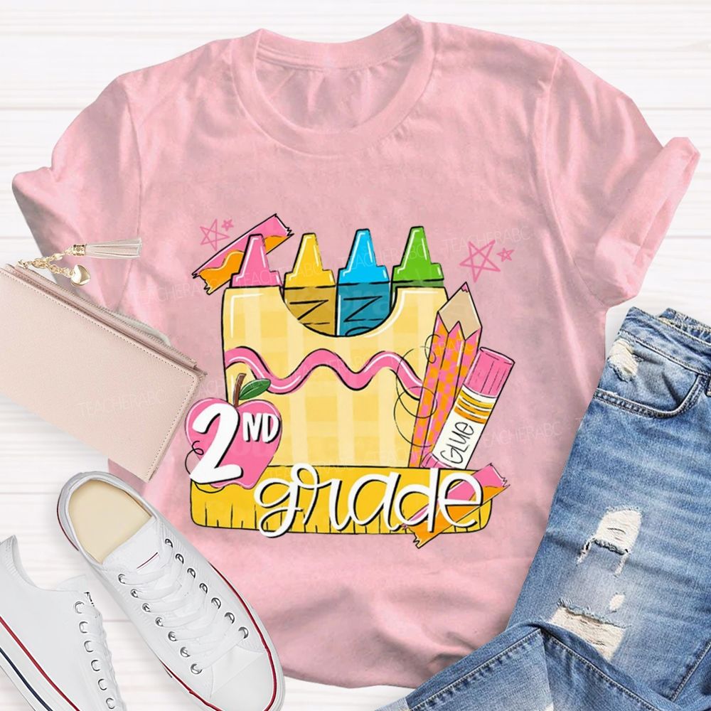 Personalized Grade Pink Crayon Star Print Teacher T-Shirt