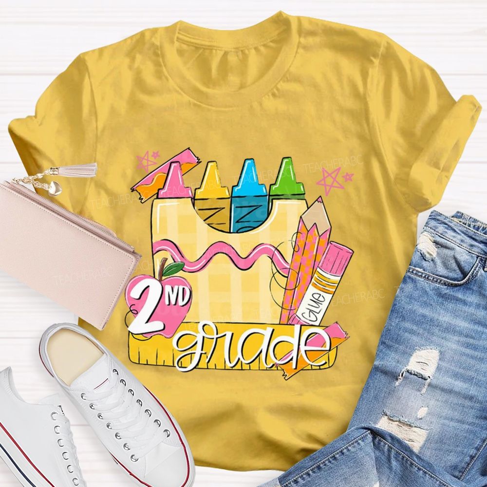 Personalized Grade Pink Crayon Star Print Teacher T-Shirt