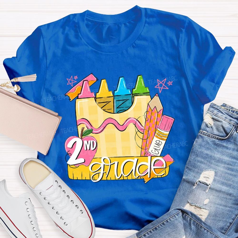 Personalized Grade Pink Crayon Star Print Teacher T-Shirt