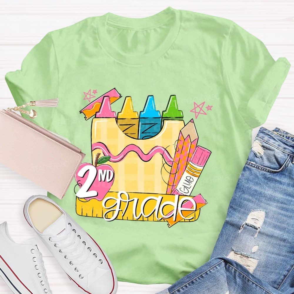 Personalized Grade Pink Crayon Star Print Teacher T-Shirt