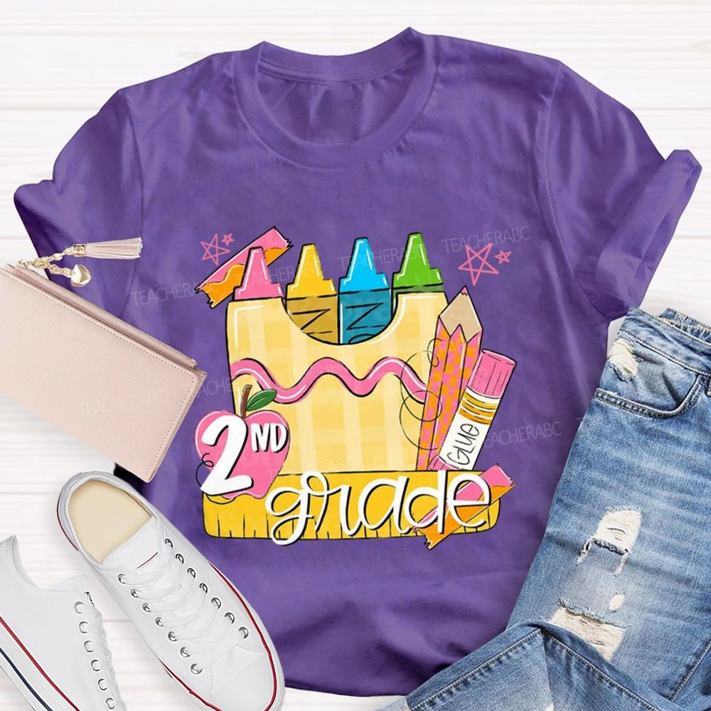 Personalized Grade Pink Crayon Star Print Teacher T-Shirt