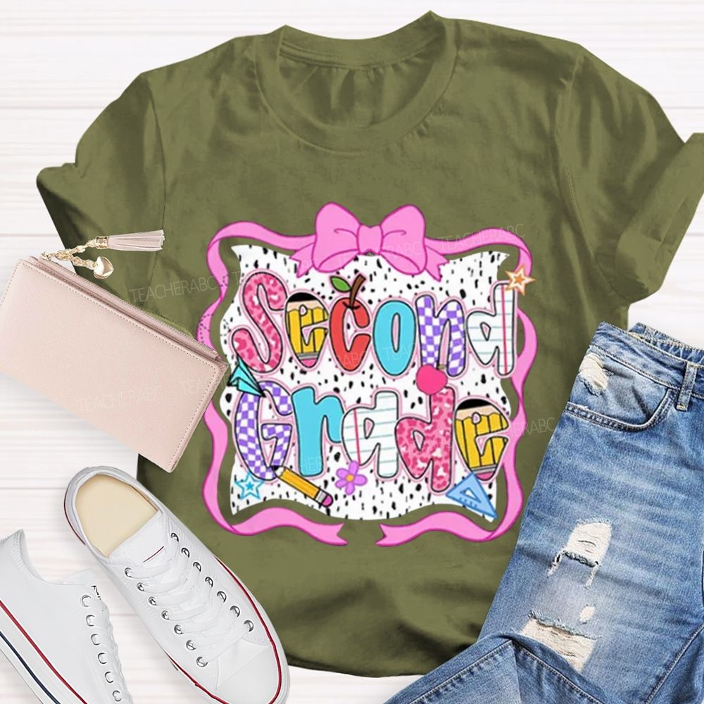 Personalized Grade Pink Bow With Ribbons Litter Star Teacher T-Shirt