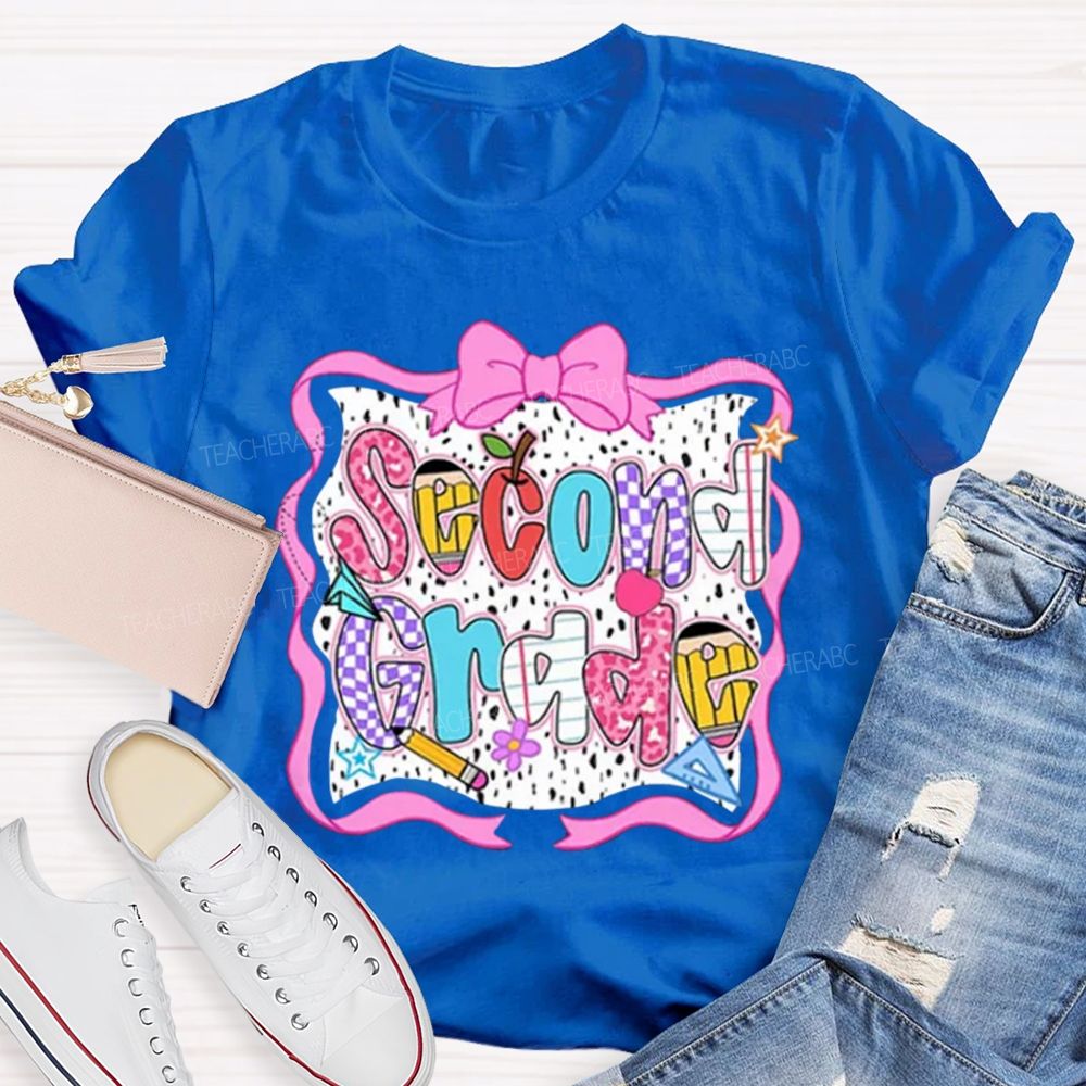 Personalized Grade Pink Bow With Ribbons Litter Star Teacher T-Shirt