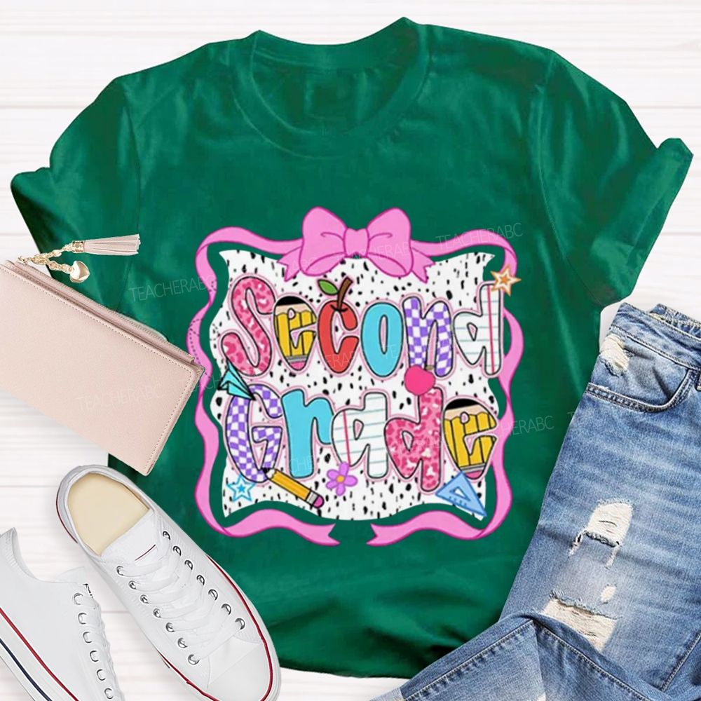 Personalized Grade Pink Bow With Ribbons Litter Star Teacher T-Shirt