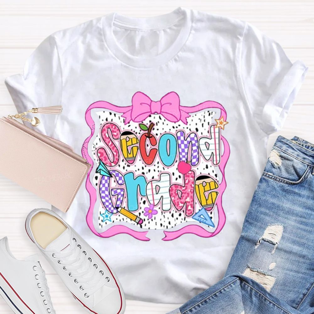 Personalized Grade Pink Bow With Ribbons Litter Star Teacher T-Shirt