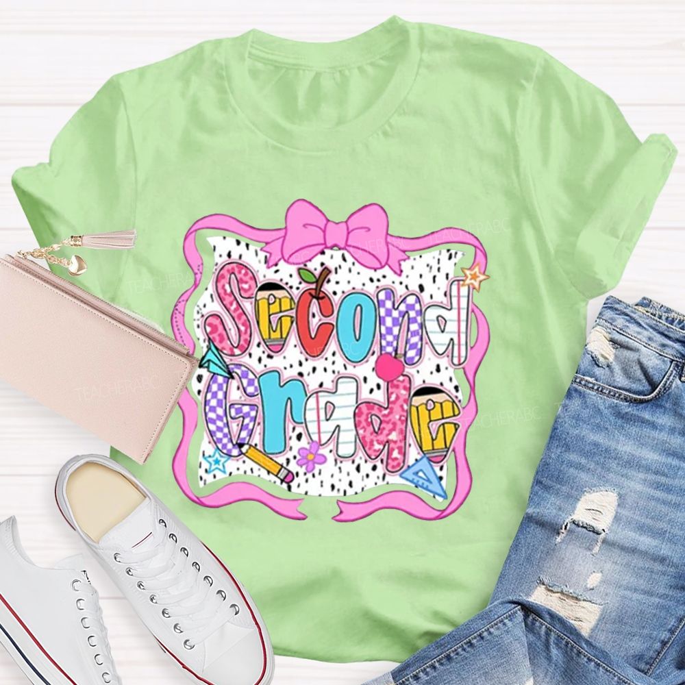 Personalized Grade Pink Bow With Ribbons Litter Star Teacher T-Shirt