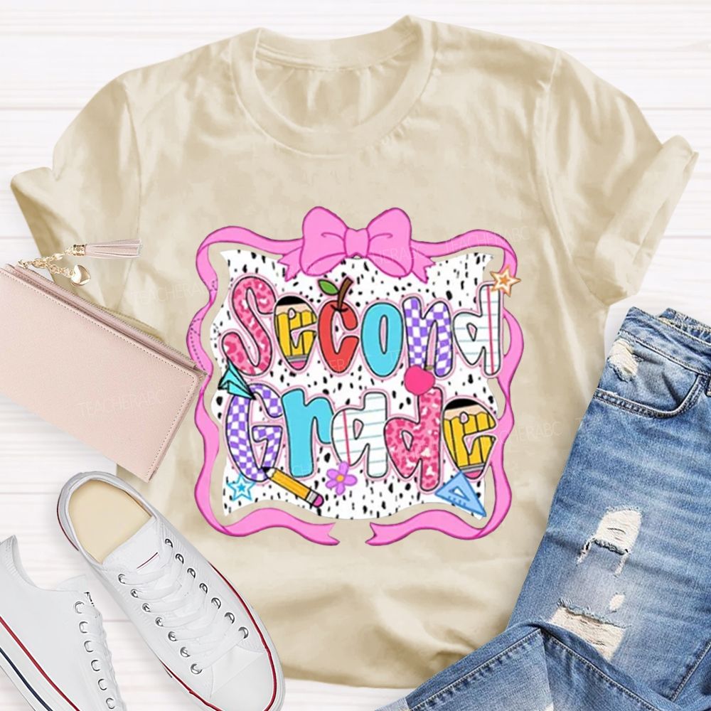 Personalized Grade Pink Bow With Ribbons Litter Star Teacher T-Shirt
