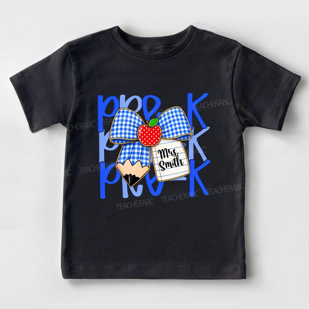 Personalized Name And Grade Pre-K Apple Bow Toddler T-shirts