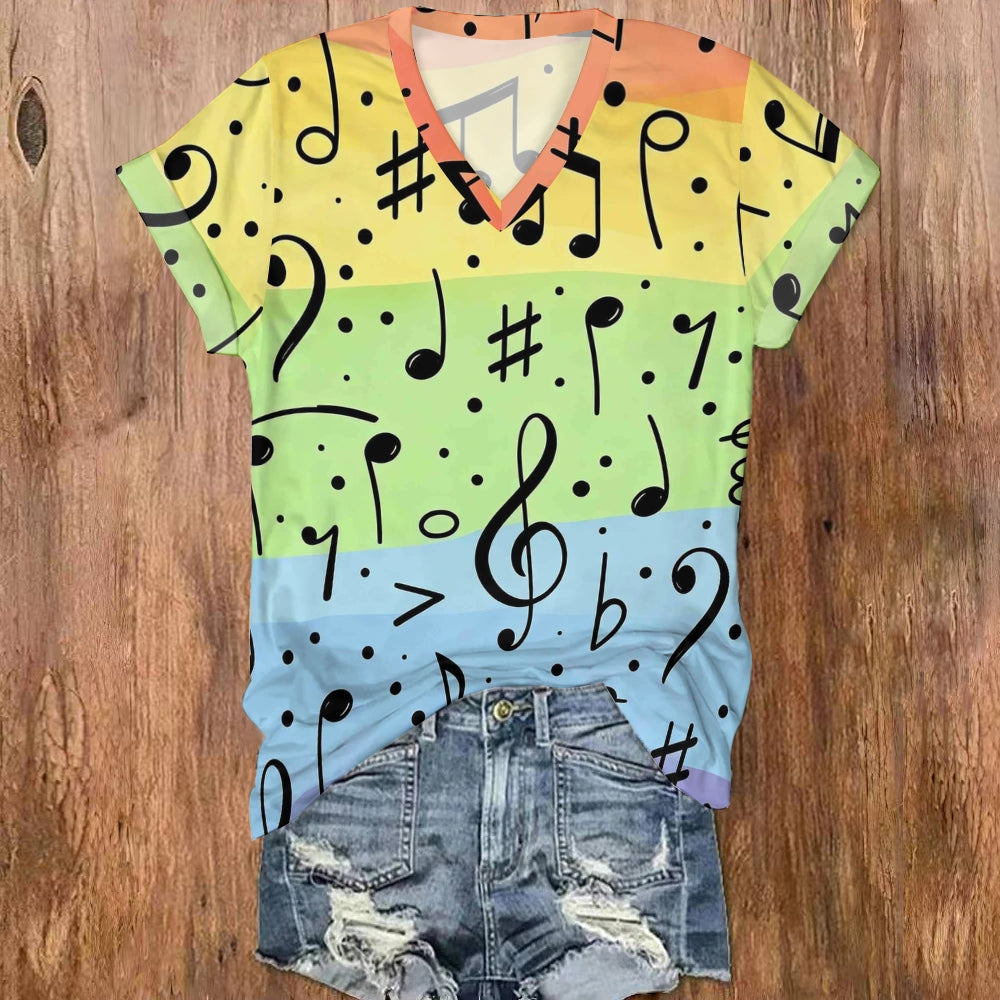 Colorful Music Notes V Neck T-shirt