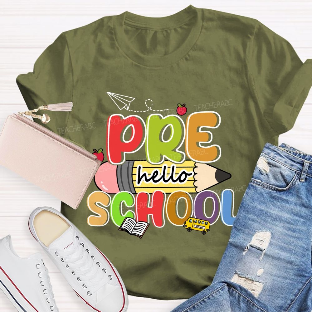 Personalized Grade Hello Pre School Pencil Apple Teacher T-shirt
