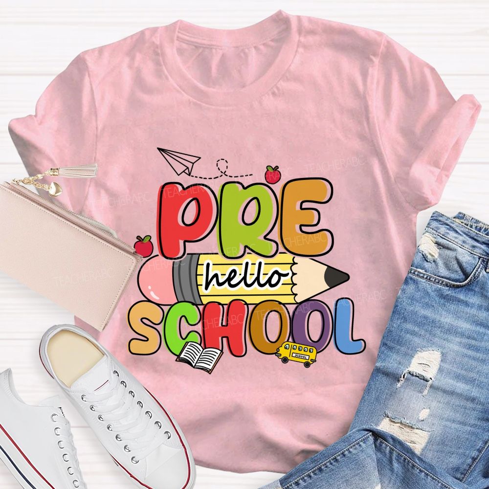 Personalized Grade Hello Pre School Pencil Apple Teacher T-shirt