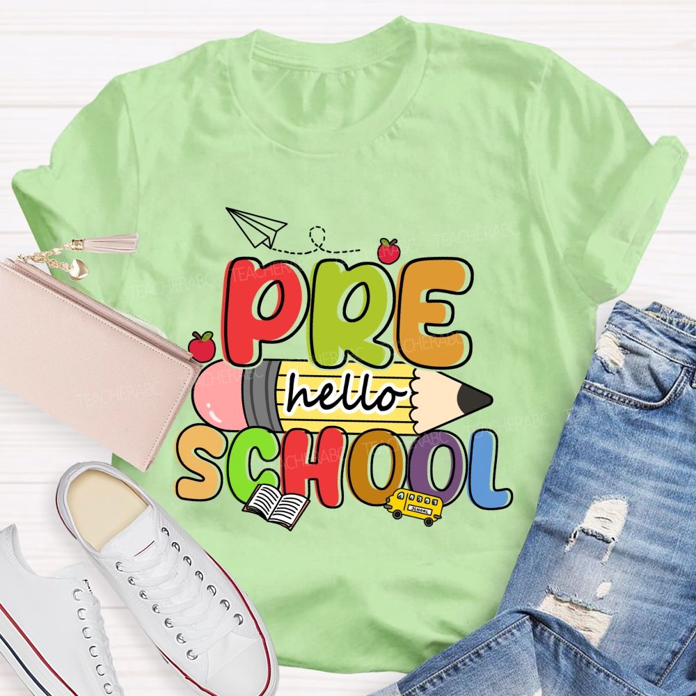 Personalized Grade Hello Pre School Pencil Apple Teacher T-shirt
