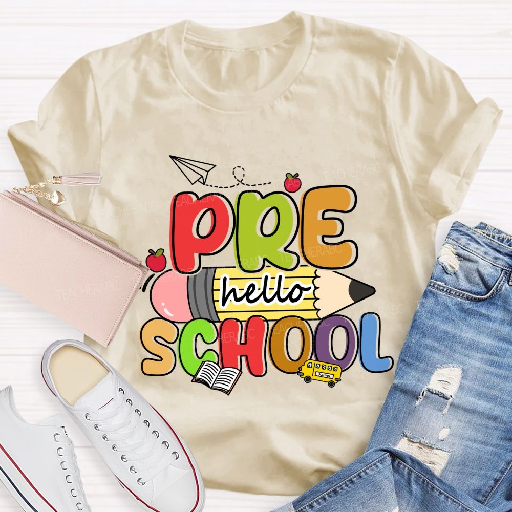 Personalized Grade Hello Pre School Pencil Apple Teacher T-shirt