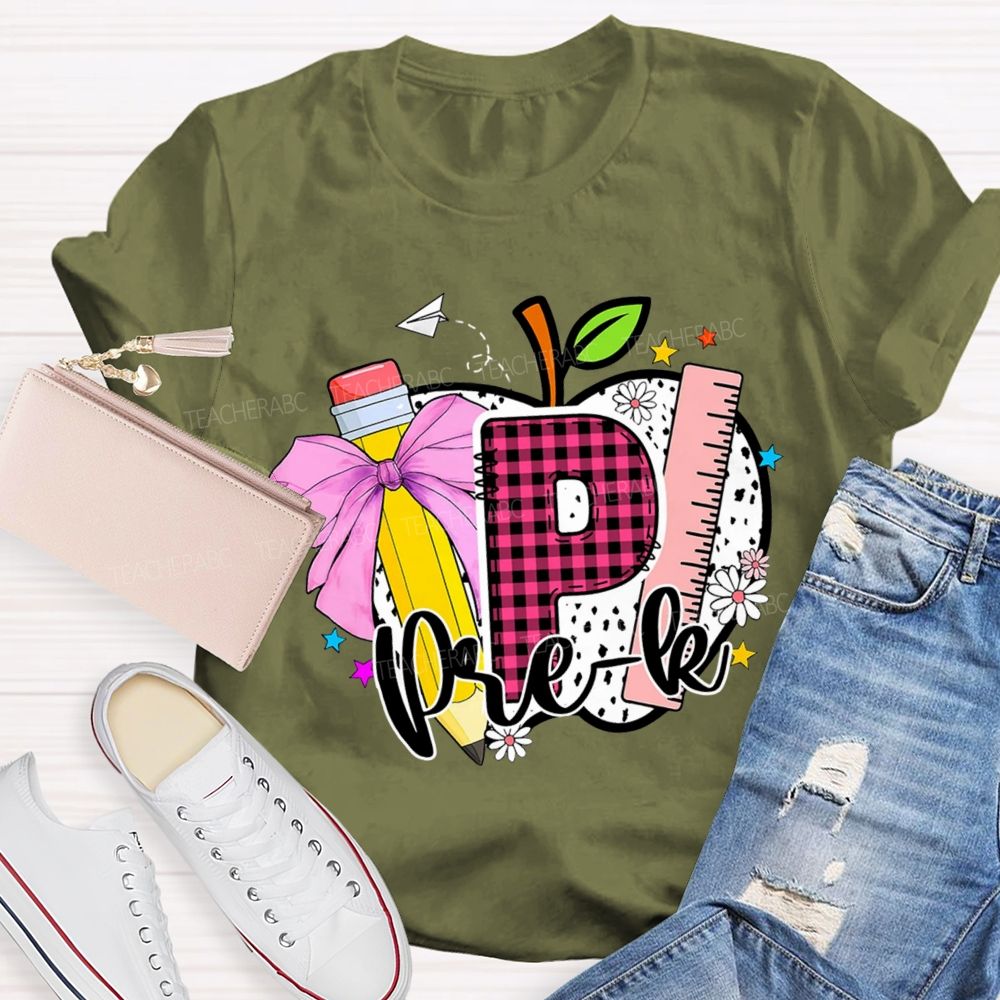 Personalized Grade Pink Plaid Letters P Is For Prek Teacher T-Shirt