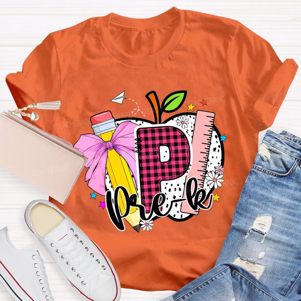 Personalized Grade Pink Plaid Letters P Is For Prek Teacher T-Shirt