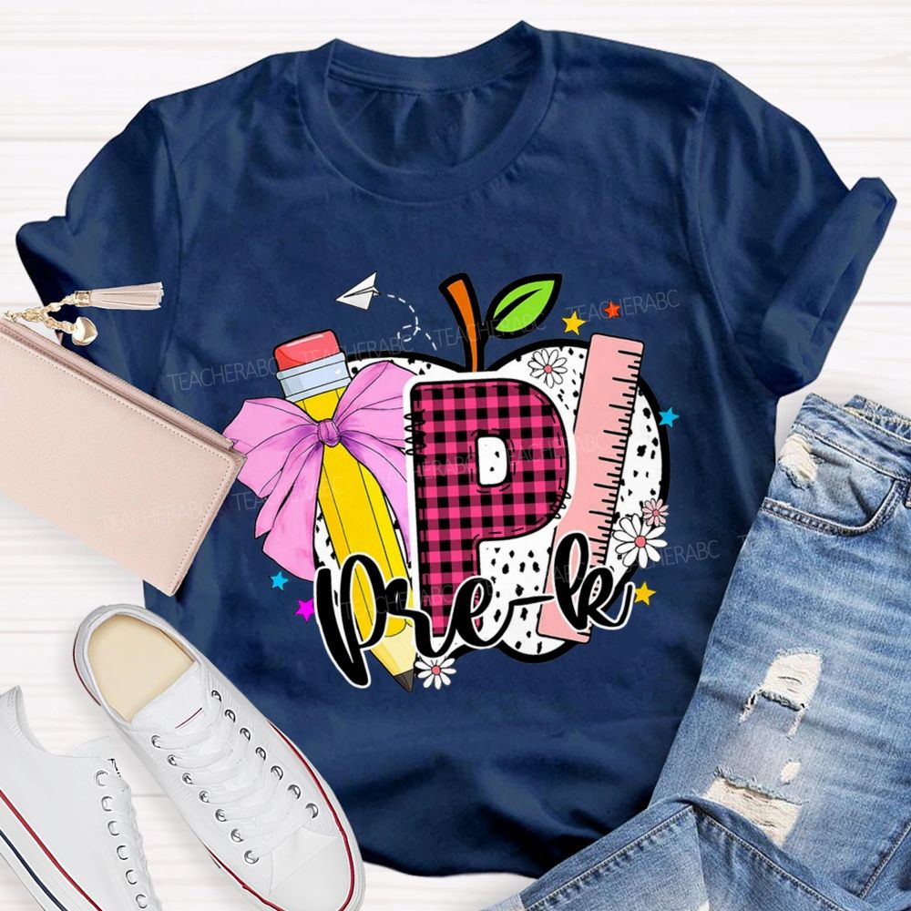 Personalized Grade Pink Plaid Letters P Is For Prek Teacher T-Shirt