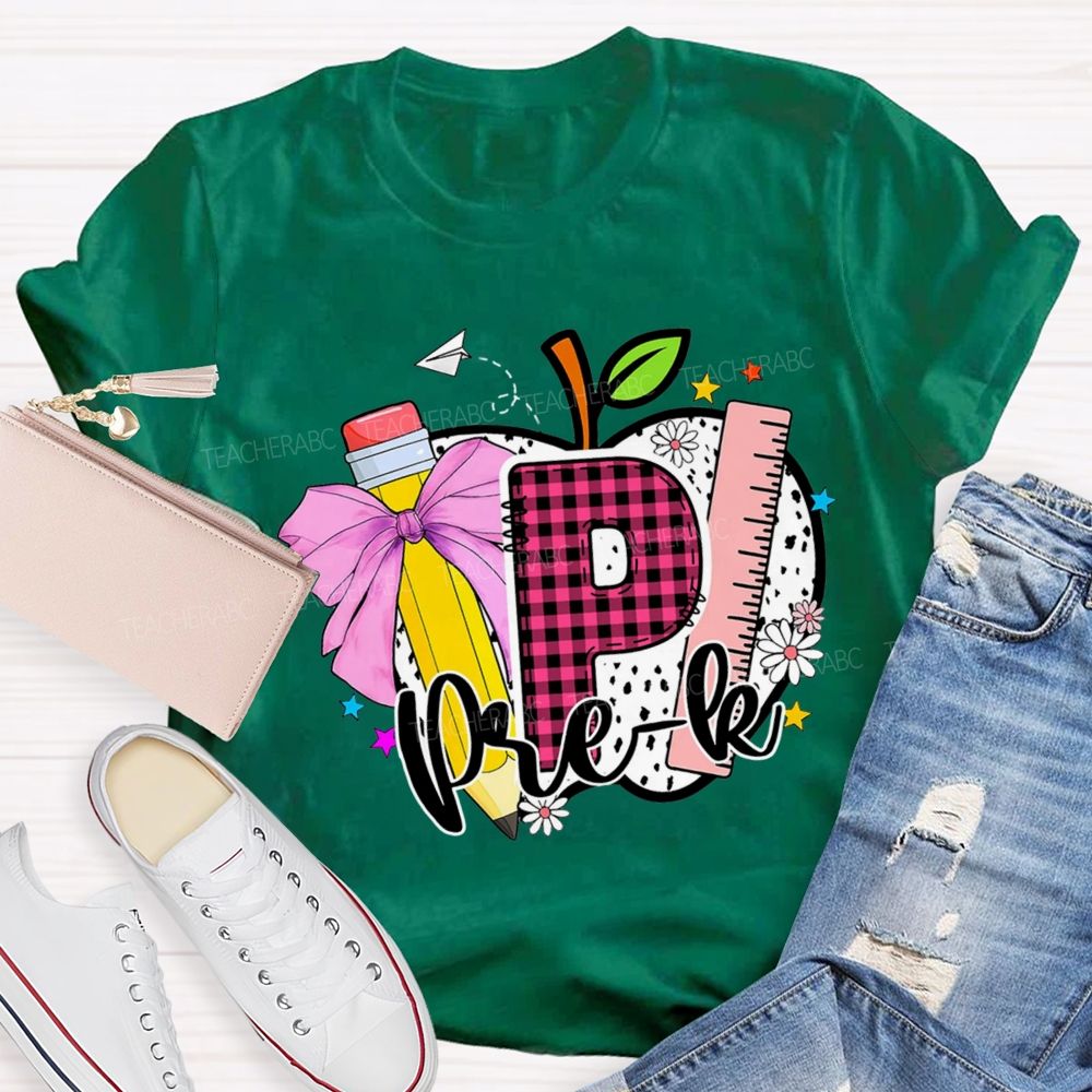Personalized Grade Pink Plaid Letters P Is For Prek Teacher T-Shirt