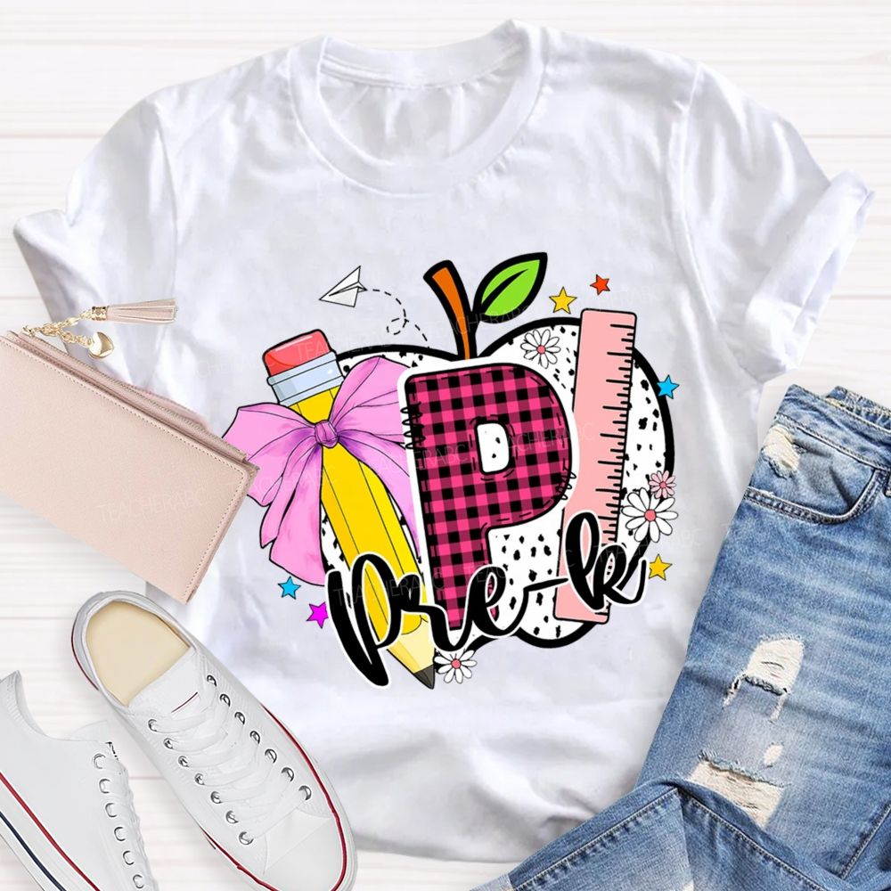 Personalized Grade Pink Plaid Letters P Is For Prek Teacher T-Shirt