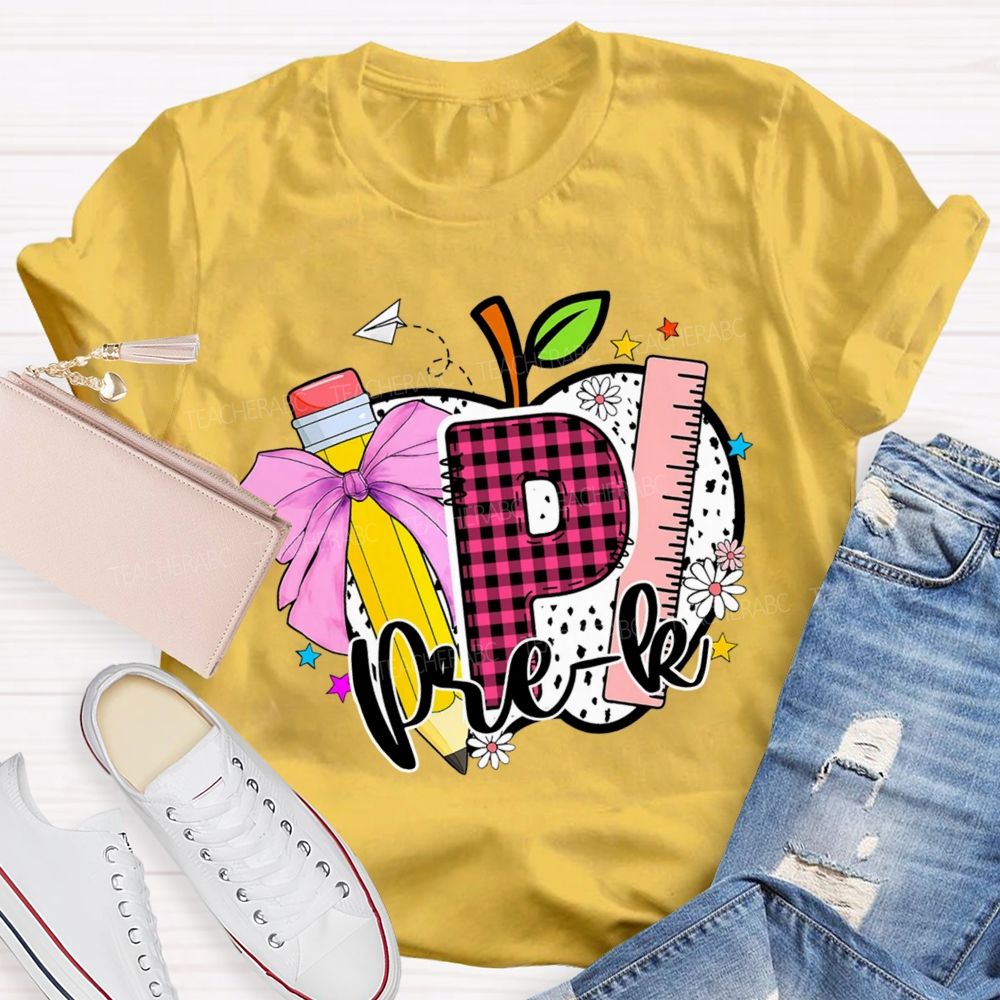 Personalized Grade Pink Plaid Letters P Is For Prek Teacher T-Shirt