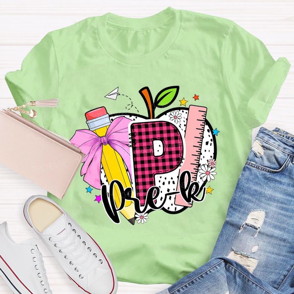 Personalized Grade Pink Plaid Letters P Is For Prek Teacher T-Shirt