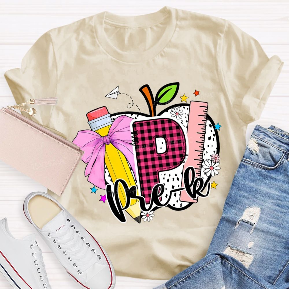 Personalized Grade Pink Plaid Letters P Is For Prek Teacher T-Shirt