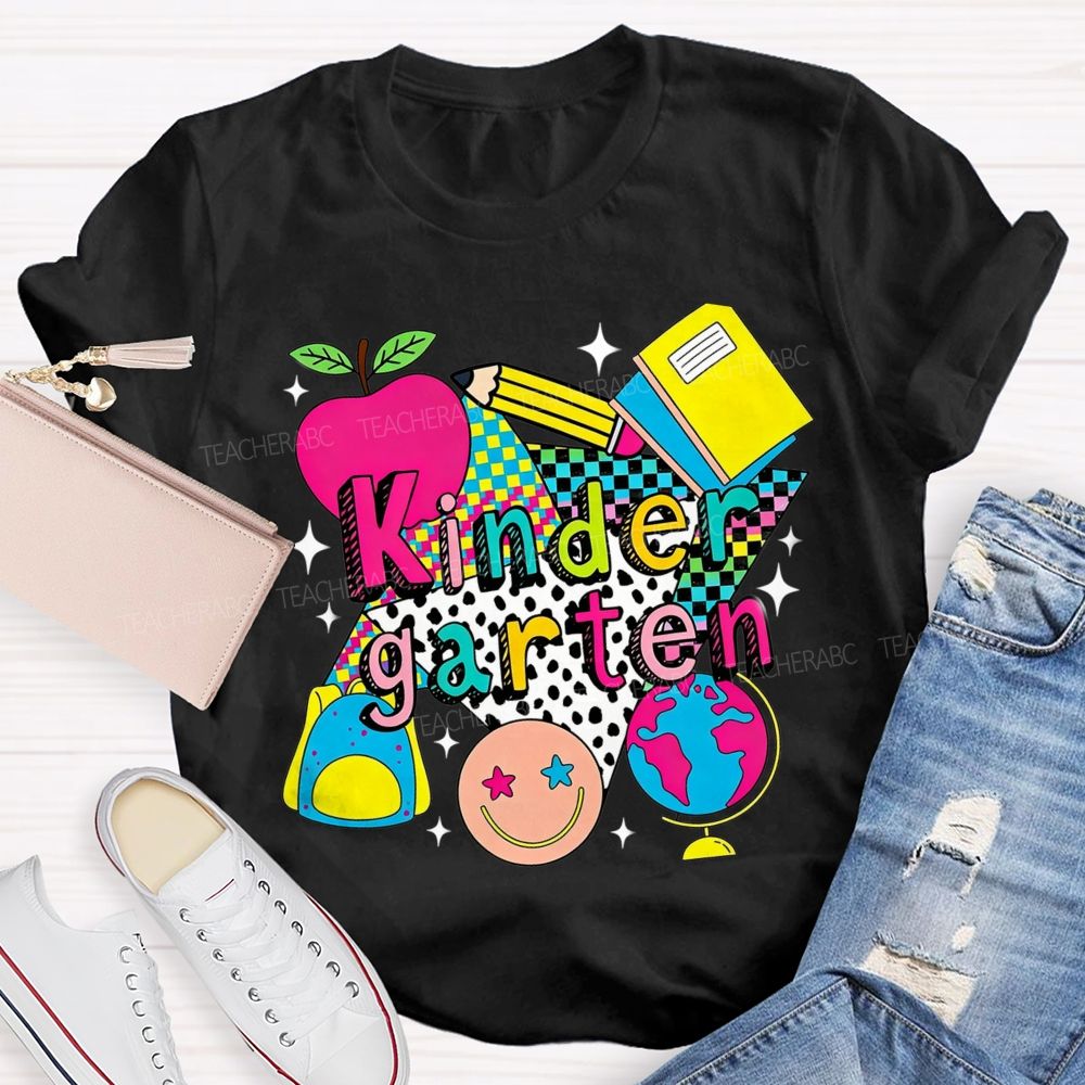 Personalized Grade Colorful Checkerboard Pattern Teacher T-Shirt