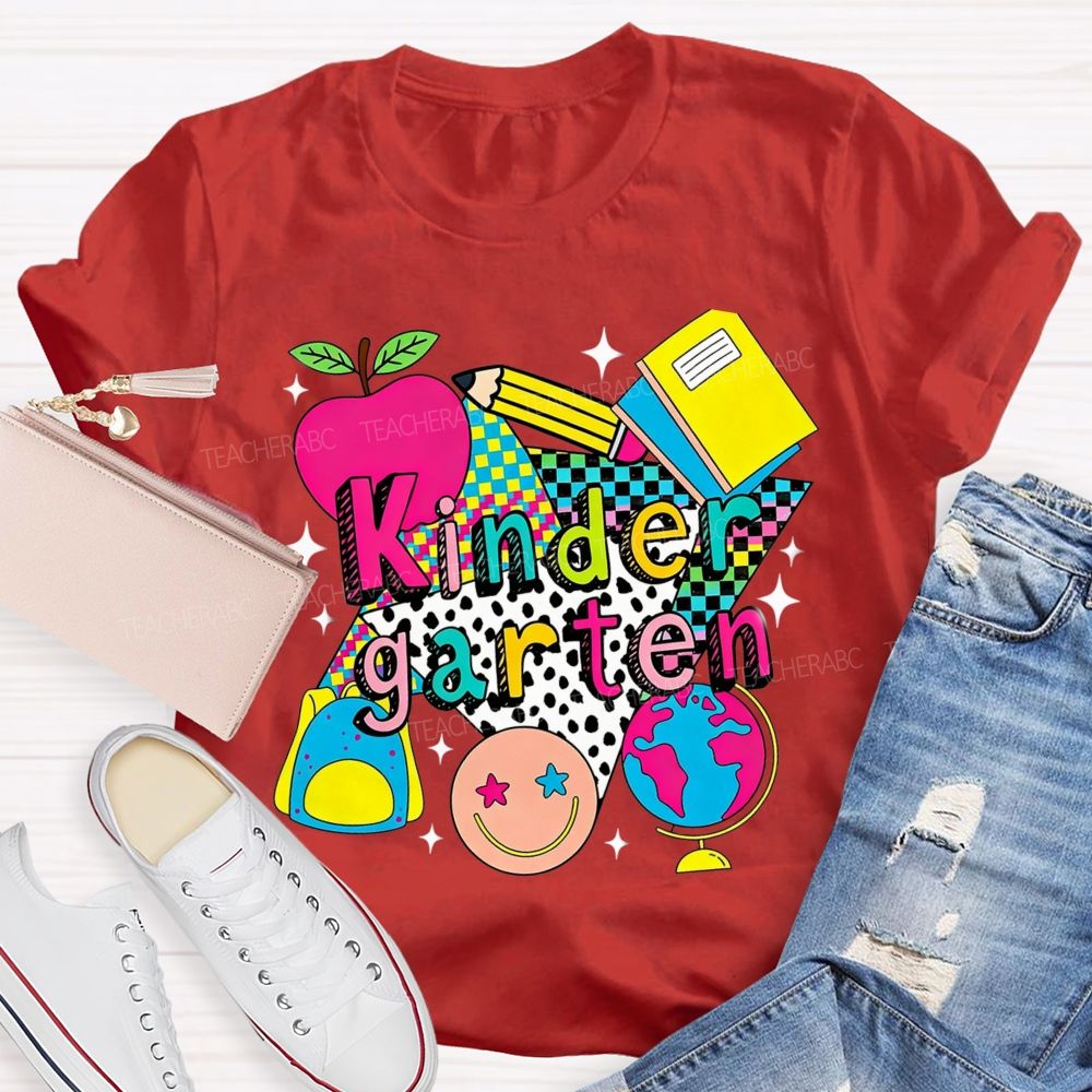 Personalized Grade Colorful Checkerboard Pattern Teacher T-Shirt