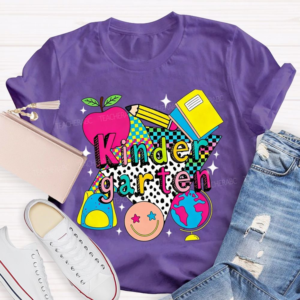 Personalized Grade Colorful Checkerboard Pattern Teacher T-Shirt