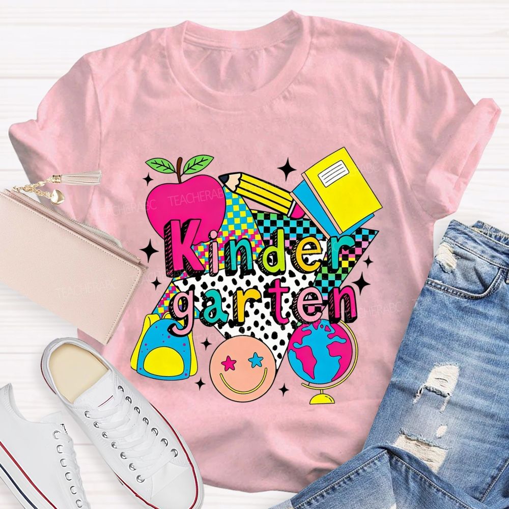Personalized Grade Colorful Checkerboard Pattern Teacher T-Shirt