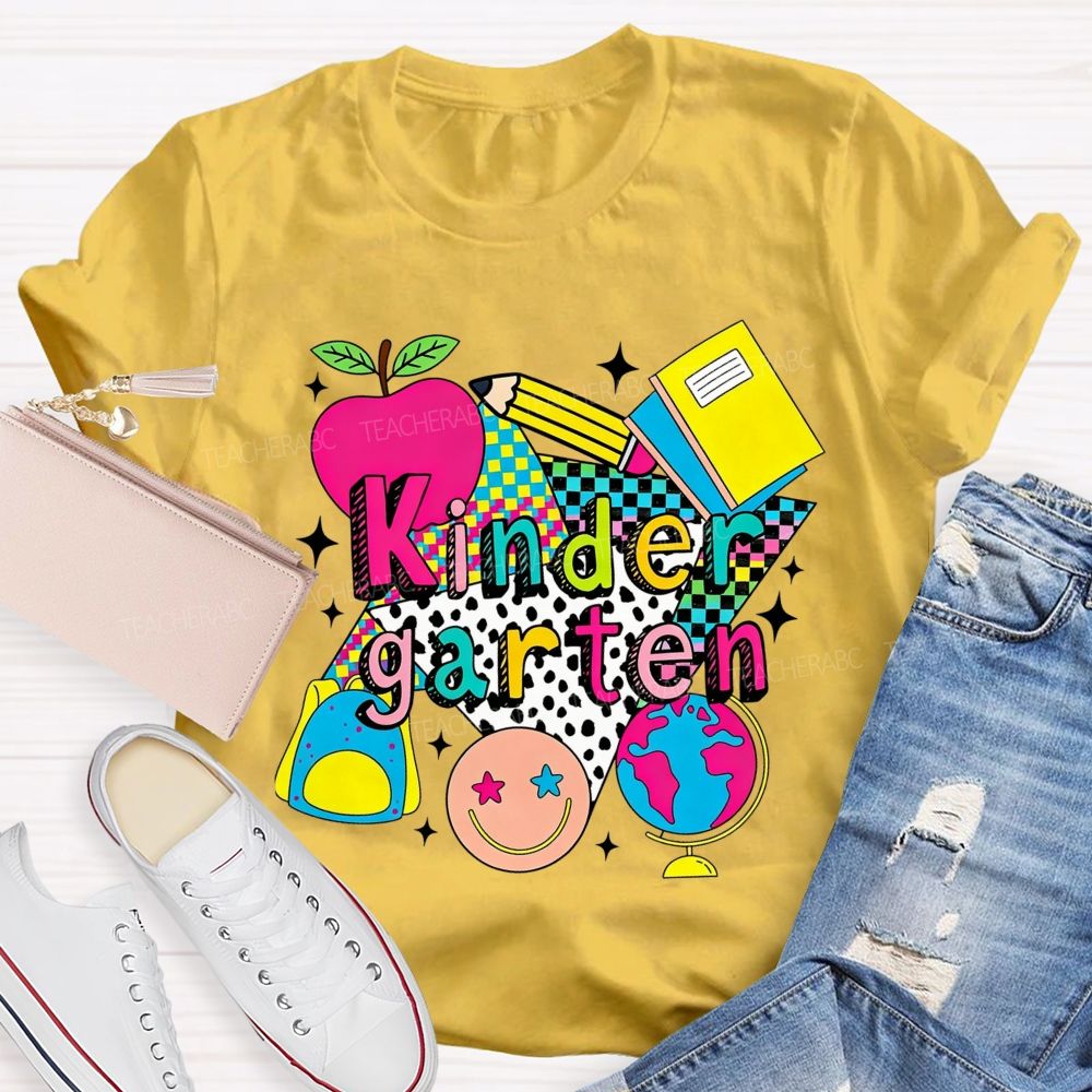 Personalized Grade Colorful Checkerboard Pattern Teacher T-Shirt